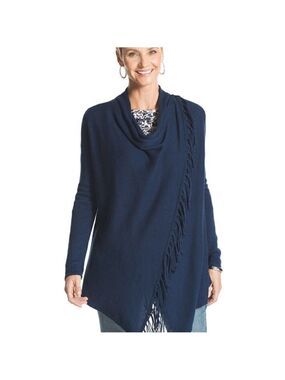 Chico's Navy Blue Fringe Wrap Cardigan Sweater Long Sleeves Chico's Size 0